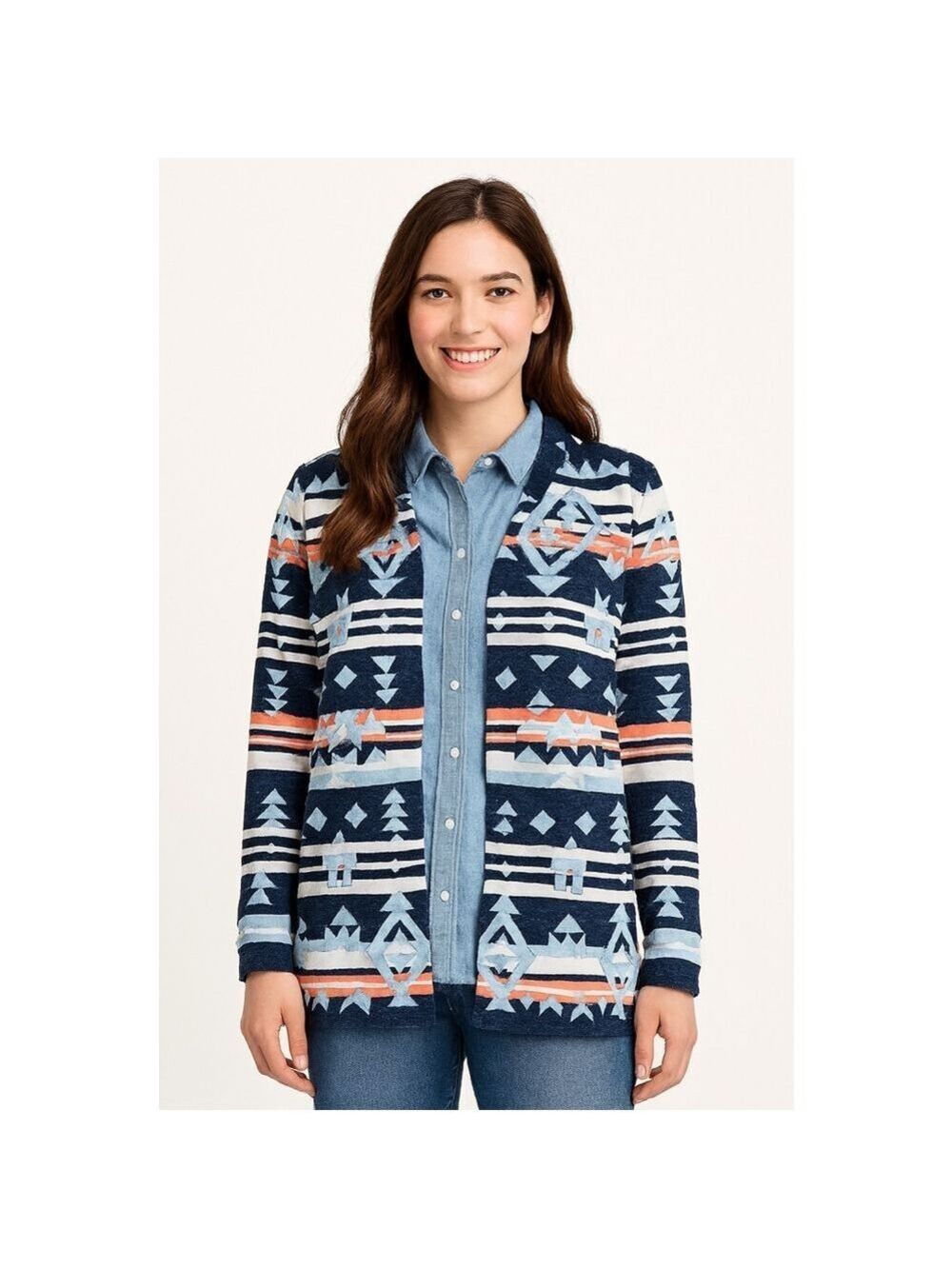 Lands' End All Over Aztec Design Open Cardigan Pockets Extra Large Cozy